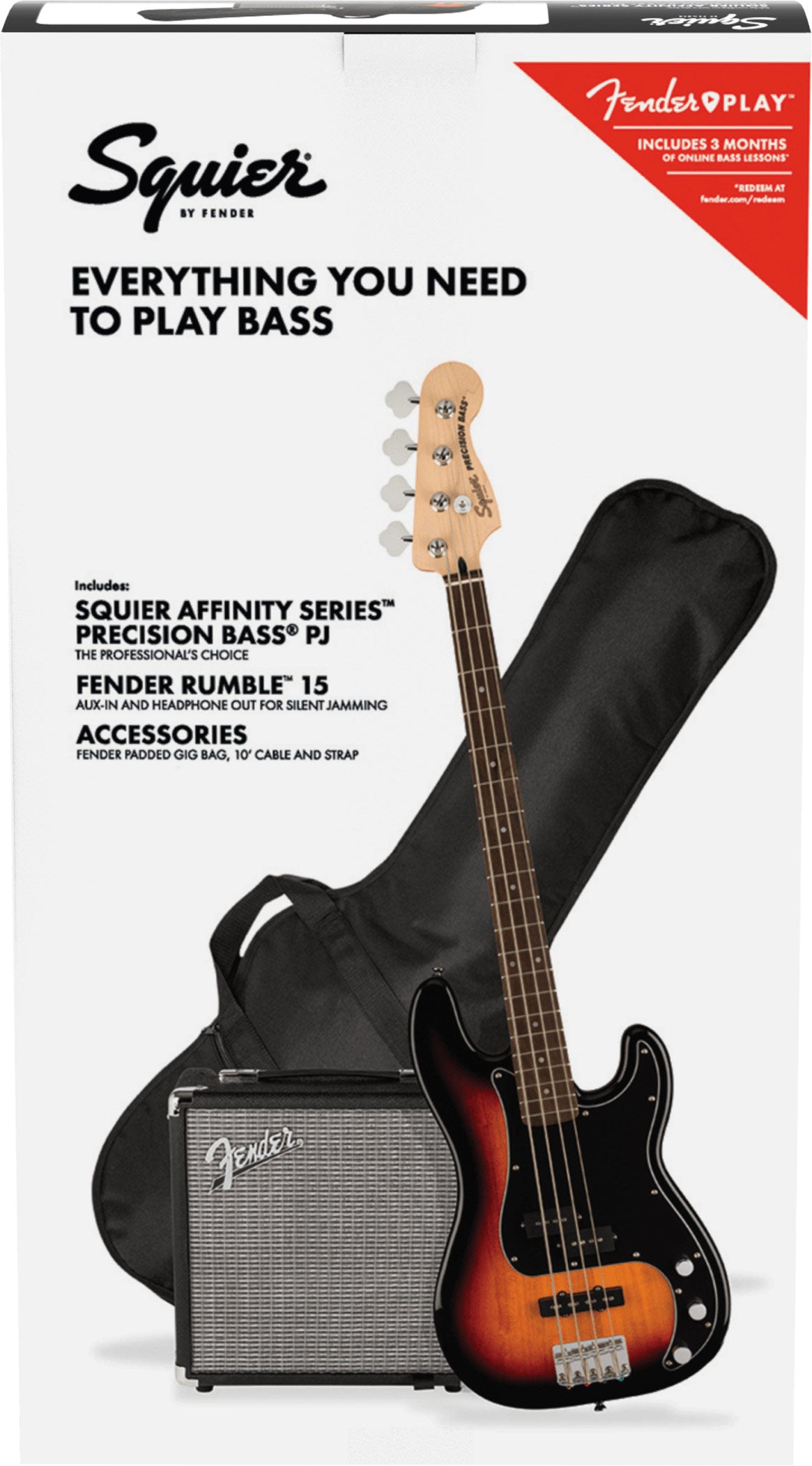 Squier Affinity Series Pj Bass Guitar Pack, Laurel Fb, 3-tone Sunburst, 230v, Uk