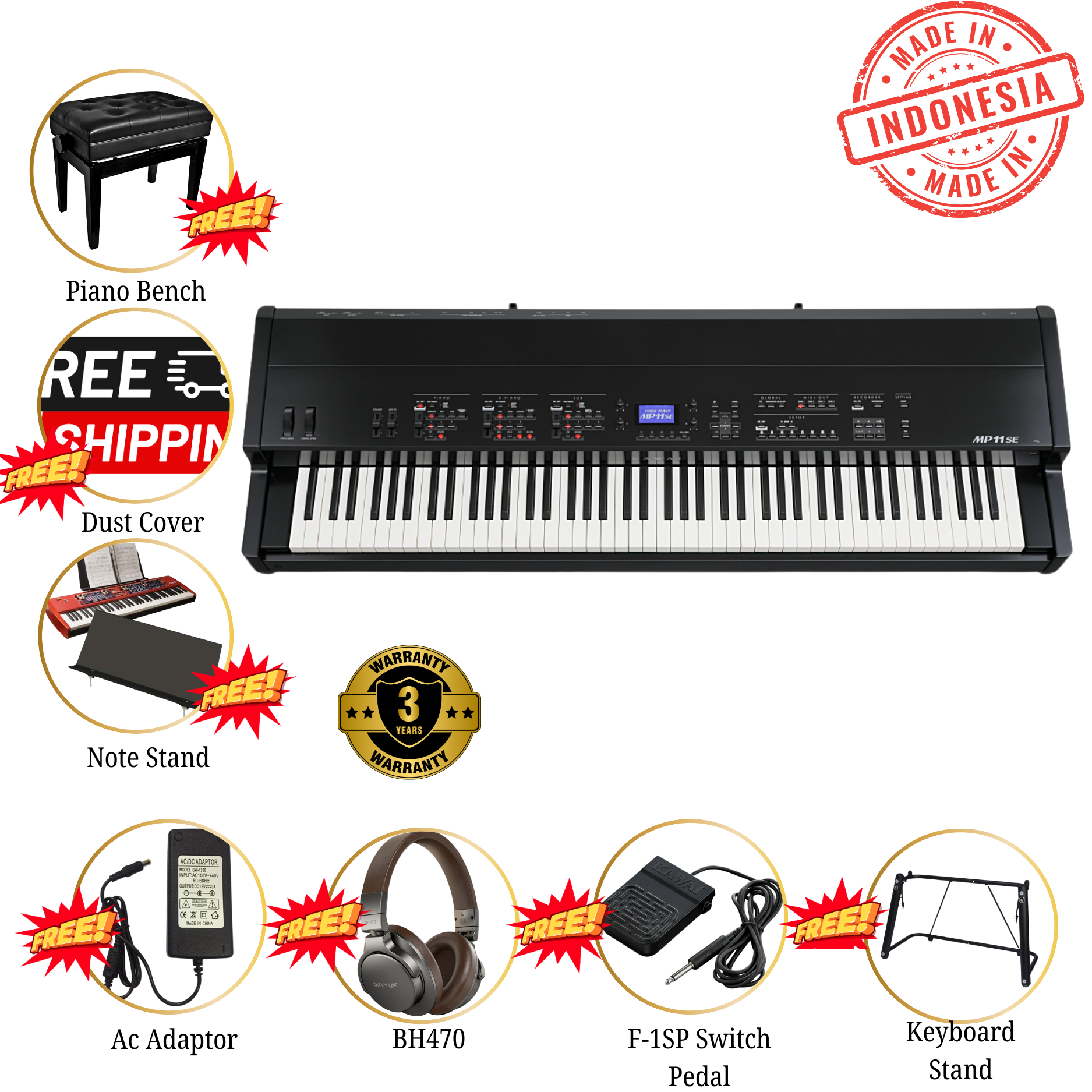 Kawai MP Series MP11SE Digital Piano 88 Keys W/portable Stand Bench & Headphone Black