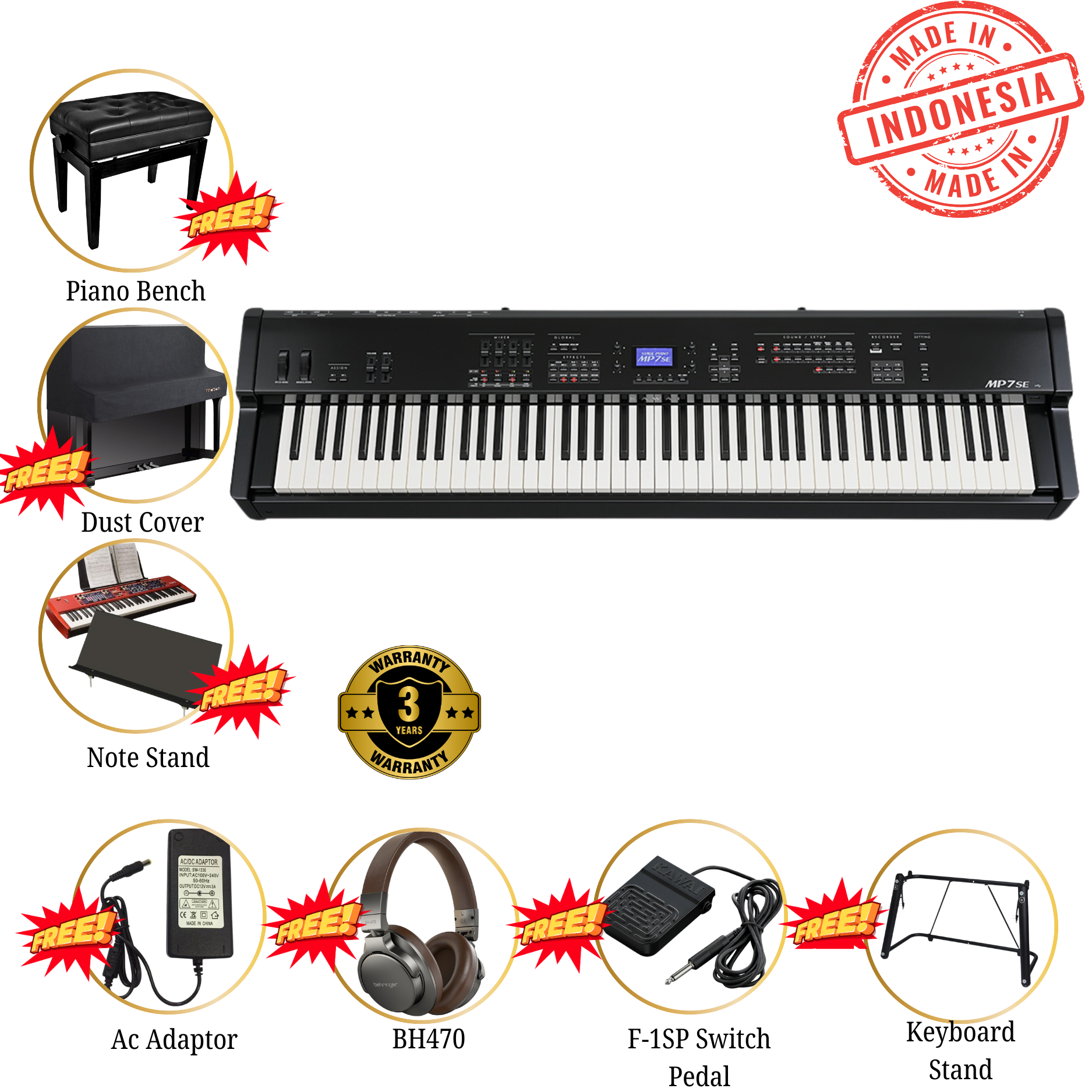 Kawai MP Series MP7SE Digital Piano 88 Keys W/portable Stand Bench & Headphone Black