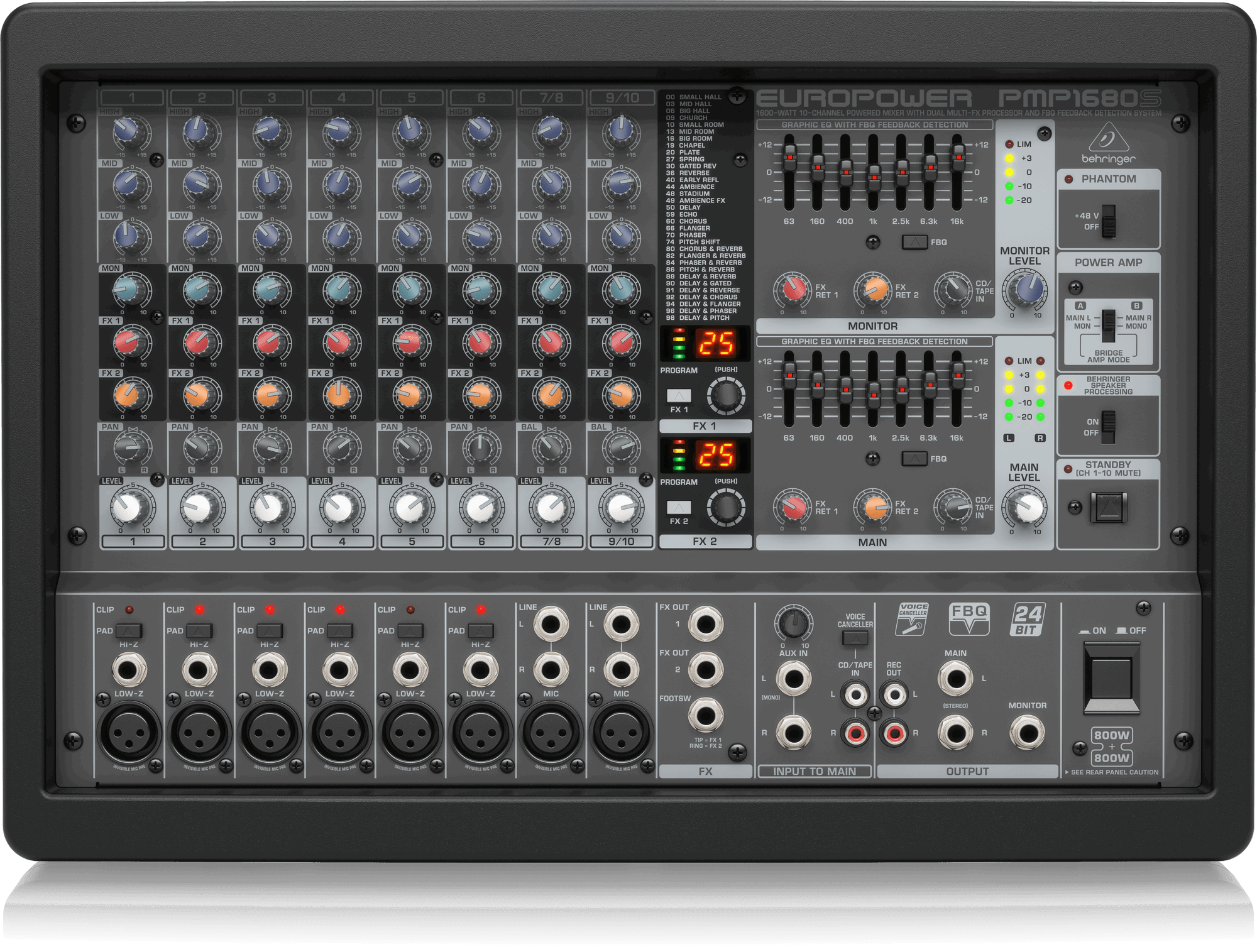 Behringer PMP1680S 1600 Watt 10 Channel Powered Mixer with Dual Multi-FX Processor and FBQ Feedback Detection System | BEHRINGER , Zoso Music