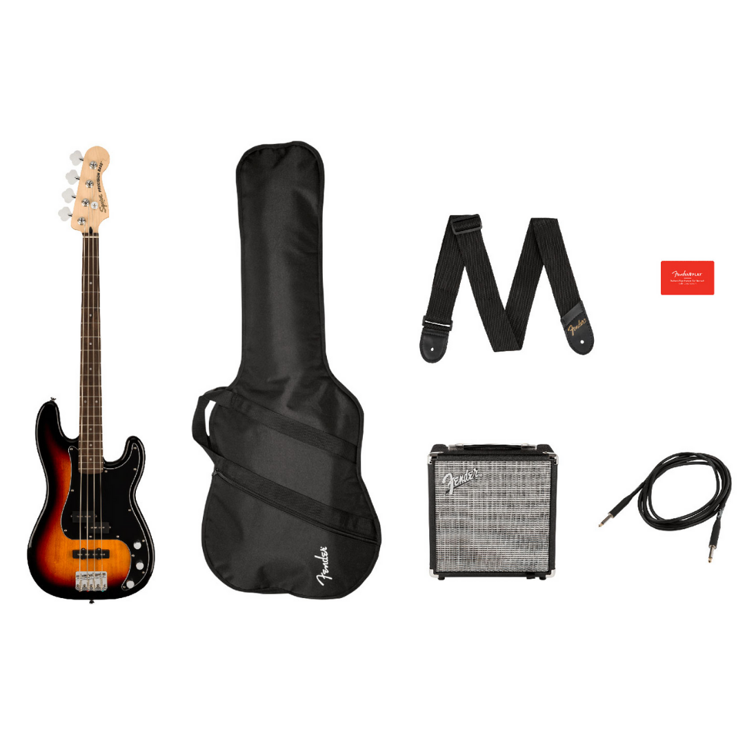 Squier Affinity Series PJ Bass Guitar Pack, Laurel FB, 3-color Sunburst, 230V, UK, SQUIER BY FENDER, BASS GUITAR, squier-bass-guitar-f03-037-2980-400, ZOSO MUSIC SDN BHD